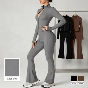 Women's 2 Piece Tracksuit Zip Up Long Sleeve Crop Top + High Waist Flare Leg Pants Yoga Workout Set tiktokshopspringglowup Yoga Activewear High Waisted Athletic 2 piece sets 2 piece sets women two piece set 2 piece sets for summer