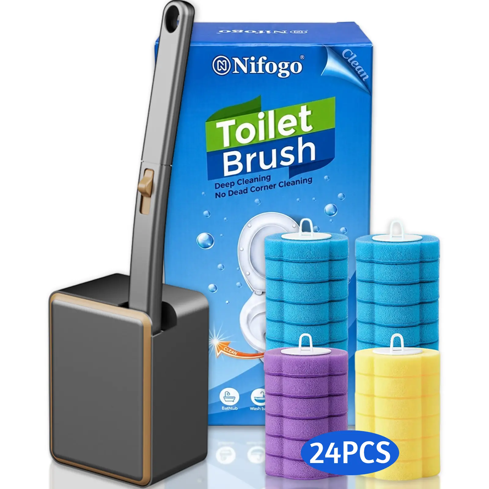 Nifogo Toilet Brush, Wall-Mount Holder & 24PCS Cleaner Refills, Multifunctional Bathroom Cleaning Kit, Works for Toilet Sink Bathtub Drain, Suitable for Basin & Urinal Cleaning