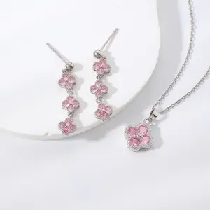 Colorful Lucky Clover Flower Elegant Fashion Copper Inlaid Zircon Earrings Necklace Jewelry Set