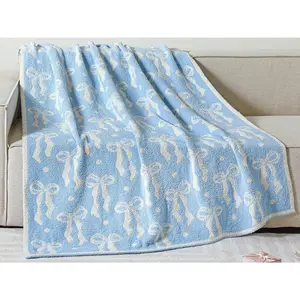 Blue Bow Blanket Soft Microfiber Bow Throw Blanket  Aesthetic Preppy Bedding Plush Stuff Cute Room Sofa Bed Gifts July Christmas Decor for Her Women, 50"x60"