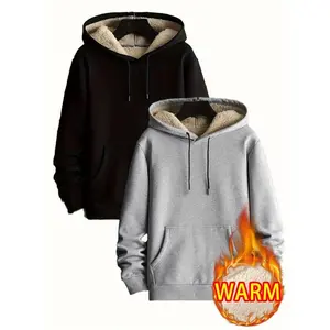 Men's Fleece-Lined Hoodie Set 2 Pack Solid Color Hoodies with Kangaroo Pocket Faux Lamb Wool Lining Long Sleeve Casual Knit Top for Fall Winter Outdoor Activities