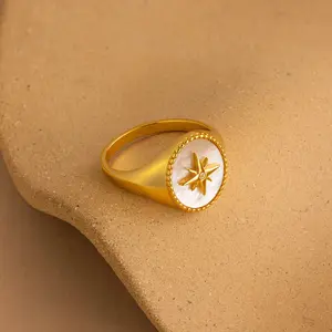 North Star Signet Ring by Caitlyn Minimalist - Mother of Pearl Statement Ring in Gold - Celestial Jewelry - Graduation Gift for Her