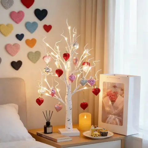 18-Heart Ornament DIY Heart-Shaped LED Birch Tree Table Lamp, Bright and Romantic Glow, Indoor Bedroom Decor, Love Theme Supplies for Ceremony, All Home Scenarios, 7 Days No Reason to Return