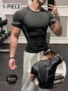 Men's Quick-Dry Compression T-Shirt, Short Sleeve, Cool Fang Print, High Stretch, Breathable, Moisture-Wicking, Ideal for Gym, Running, Outdoor Training & Casual Wear, Round Neck Tops
