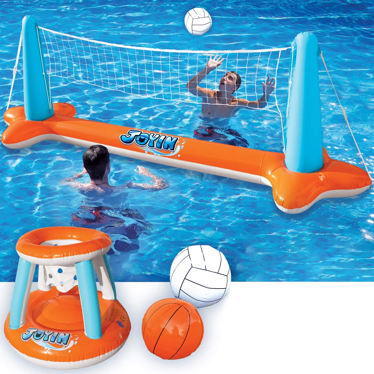 Inflatable Pool Float Set Volleyball Net & Basketball Hoops, Floating Swimming Game Toy for Kids and Adults, Summer Floaties, Volleyball Court (L-105”