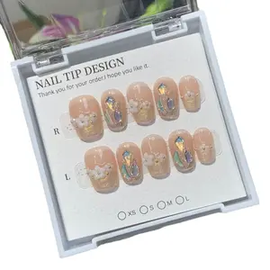 T4 Hand-painted white five-petal flower wearing nail flower steel ball three-dimensional hand-pressed on nails party press