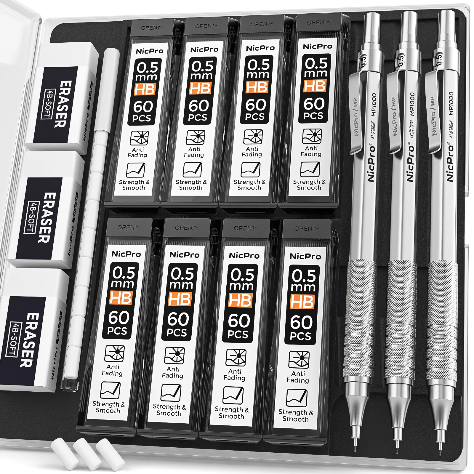 Nicpro 0.5mm Mechanical Pencil Set with Case - 3 Metal Drawing Pencils, 360-Pack HB Lead Refills, 3 Erasers, 9 Eraser Refills (Silver) | Office Stationery, Art Supplies, Drawing Pencil Set