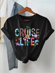 Women "Cruise Life" Summer Vibe Letter Print Short Sleeve Crew Neck T-Shirt| Medium Stretch Fabric, Casual Style