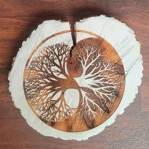 Yin & Yan Tree Of Life Deep Engraved Tree Round * 13.5"L X 2"W X 11.5"H