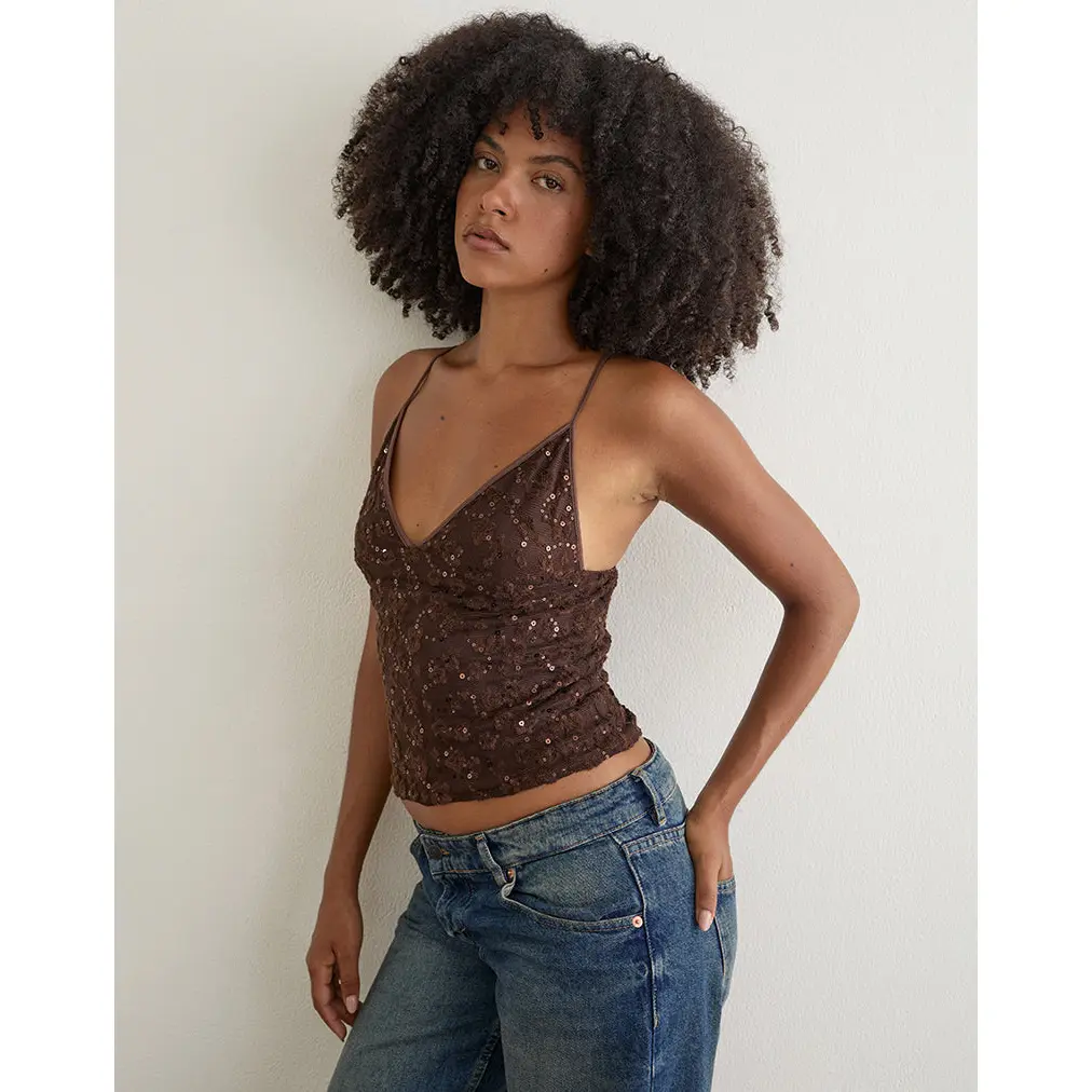 MOTEL Camilla Top in Sequin Knit Brown