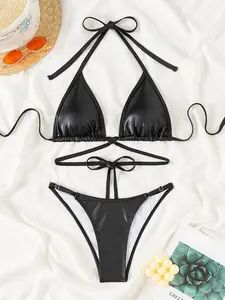 Two-Piece Set Women's Solid Color Tie Back Bikinis Swimsuit, Casual Tie Back Halter Neck Triangle Top & Adjustable Swim Bottom, Women's Swimwear for Summer