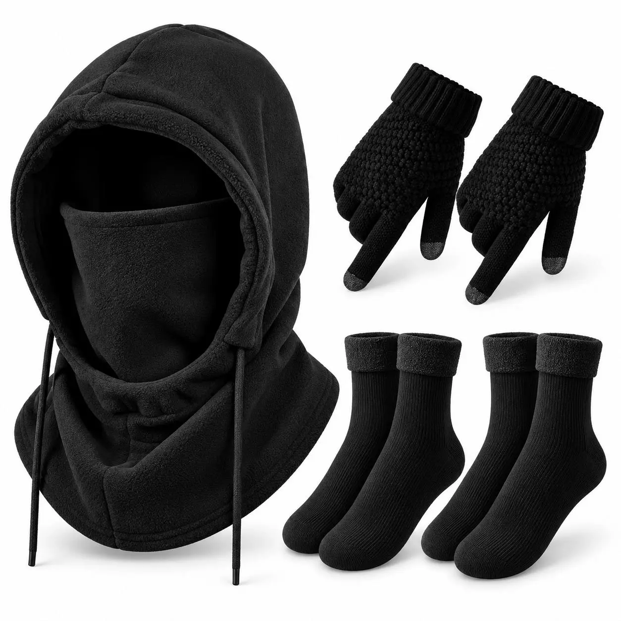 Unisex Adult 2-4Pcs Winter Thermal Outdoor Set, Windproof Fleece Balaclava Full Face Mask, Touch Screen Gloves and Thermal Socks, Cold Weather Gear for Ski,Cycle,Hike, Hand Washable, Ideal Holiday Gift for Men Women