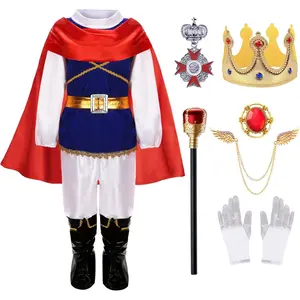 L-B32   King Prince Charming Costume for Boys Kids Medieval Cosplay Dress Up Royal Outfits