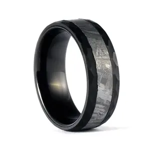 Men's Cezar Tungsten Wedding Ring - Black Tungsten with Meteorite Inlay, Celestial-Style Fashion Accessory, Tungsten Rings