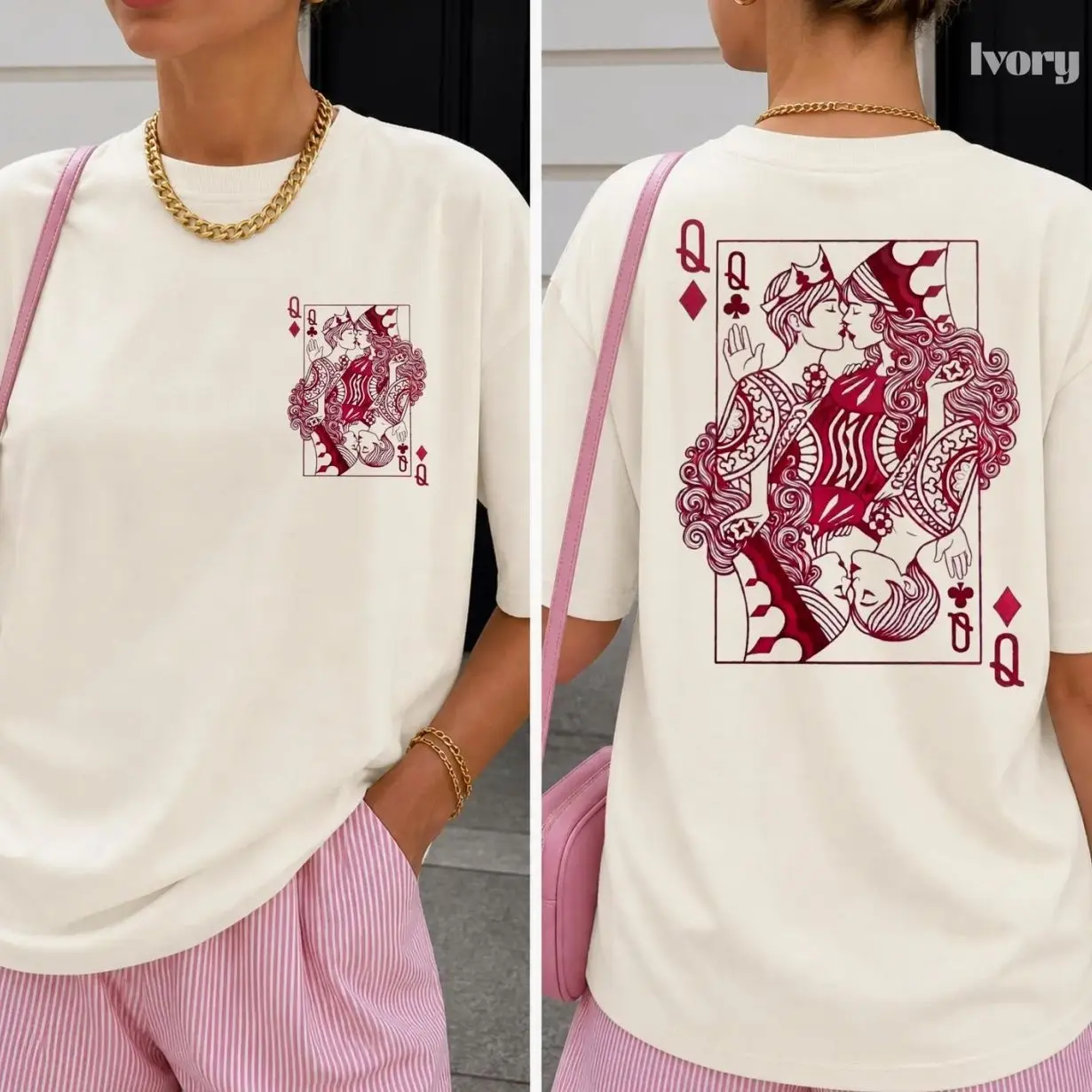 Lesbian Pride Vintage Tee Queer Aesthetic Clothing  Sapphic WLW T-shirt Subtle Lesbian Pride Gift Retro Tarot Style Graphic Tee Two Queens 0