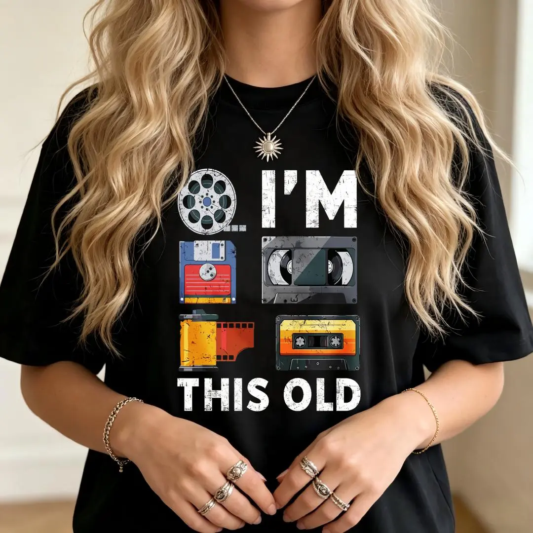 Men's Vintage Print Media Tape Reel Oversized Relaxed Drop Shoulder Short Sleeve Crew Neck Tee, 100% Soft Cotton Basic Top, Black & White Streetwear Essential For Daily Layering, Graphic T Shirts, Good Graphic Tees