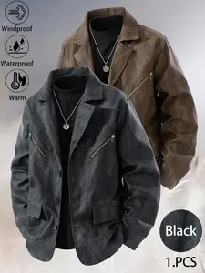 New Men's Casual Fashion Loose-Fit Mid-Length Leather Blazer Windproof, Warm, Waterproof, Durable, Washable, Distressed Finish Business-Style Trench Coat Jacket Ideal for Daily Commuting, Outdoor Adventures, Hiking, and Fishing Outfits
