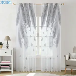 2D Flat 2Pcs Sheer Curtains, Grey Feather Butterfly Pattern Digital Print, Rod Pocket Design, Translucent Light Filtering Window Treatment for Living Room Bedroom Decoration