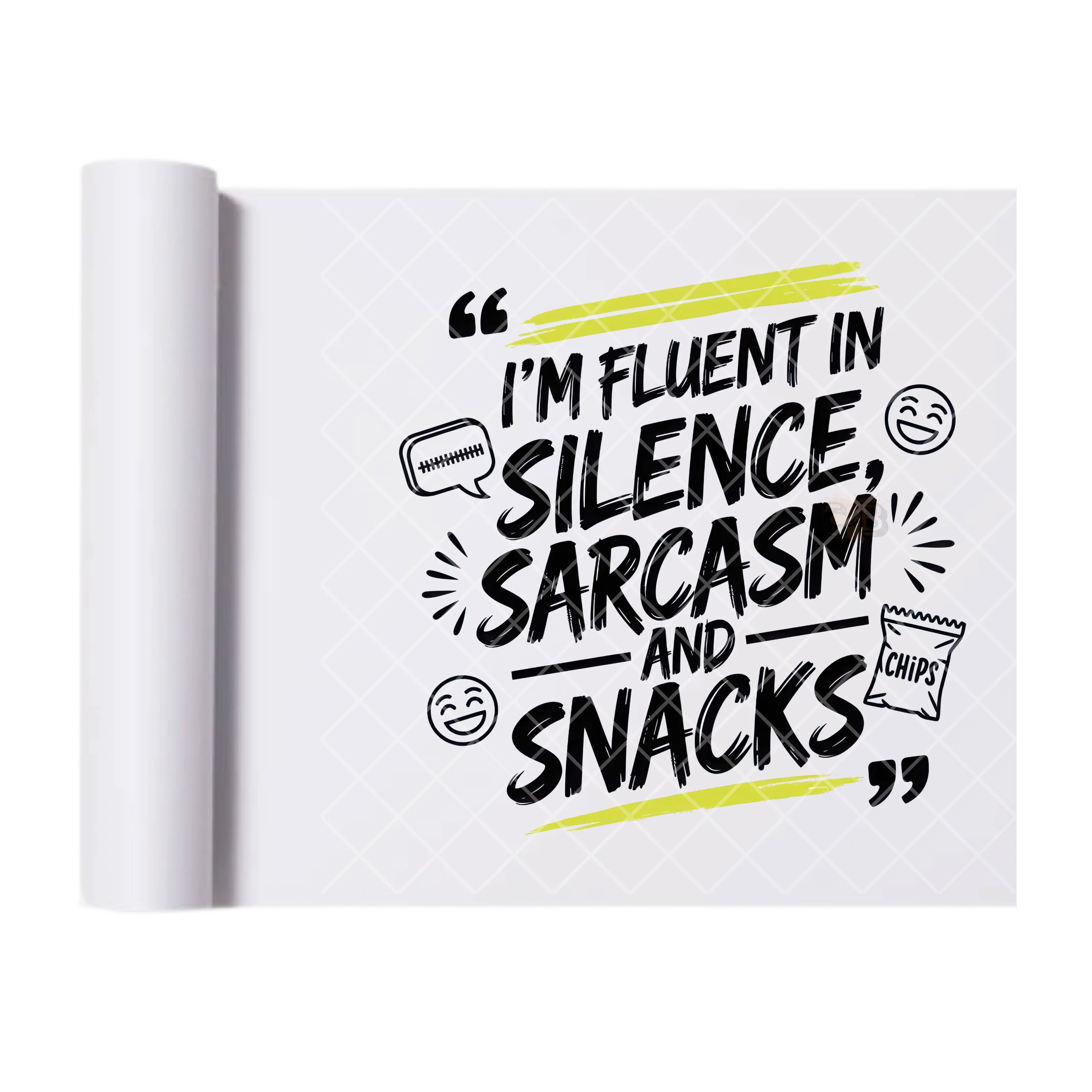 Silence, Sarcasm and Snacks - Ready To Press Print Transfer for Apparel, Cotton, Polyester & Blends - High-Quality Print- Commercial Grade