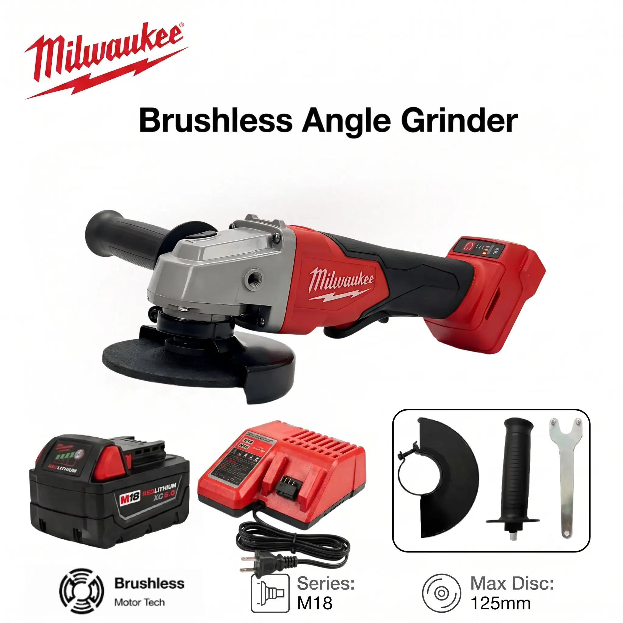 Milwaukee 18V Cordless 125mm Brushless Angle Grinder,With 0-9000 Variable No-load RPM,Supports 100mm And 125mm Discs With 33mm Cutting Depth,Lightweight Handheld Grinding Tool For Metal Cutting,Stone Polishing,Construction Surface Finishing Jobs