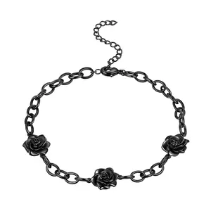 HIPUNK Adjustable Cuff Bracelet - Female Rose-Link Flower Design Open Cuff, Silver or Black Costume Jewelry, Trendy Fashion Accessory Gift