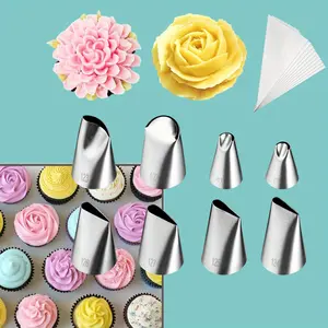8PCS Rose Flower Piping Tips Set,Petal Icing Tips with 10 Pcs Disposable Piping Bags for Cake Decorating