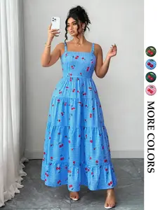 Women's Plus Size  Gingham Maxi Dress Lightweight for Spring and Summer，Easter Outfit Cherry Print ,Tiered Sundress Cottagecore Beach Vacation Spring Break Casual Loose Fit Flowy Elegant Boho Long Dresses Square Neck Wide Straps Soft Summer 2026 Viral