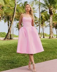 Satin Sweetheart Basque Waist Midi Fit and Flare Dress with Pockets pink lady