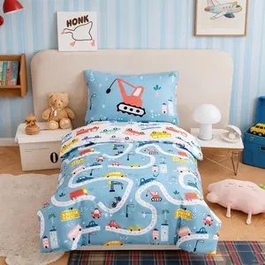 4-Piece Toddler Bedding Set Boys Cars Toddler Comforter with Sheets Reversible Lightweight Blue Vehicles Toddler Bed Set for Crib(Blue, Cars)