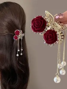 Hollow Butterfly Design Flower Decor Hair Claw, Flower Hair Clip, Elegant Rhinestone & Tassel Faux Pearl Decorative Hair Claw for Women, Fashion Alloy Hair Accessories