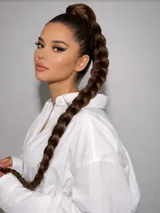 Upgraded Long Braid Ponytail Extension with Elastic Tie Straight Sleek Wrap Around Braid Hair Extensions Ponytail Natural Soft Synthetic Hairpiece Light Brown 32 Inch