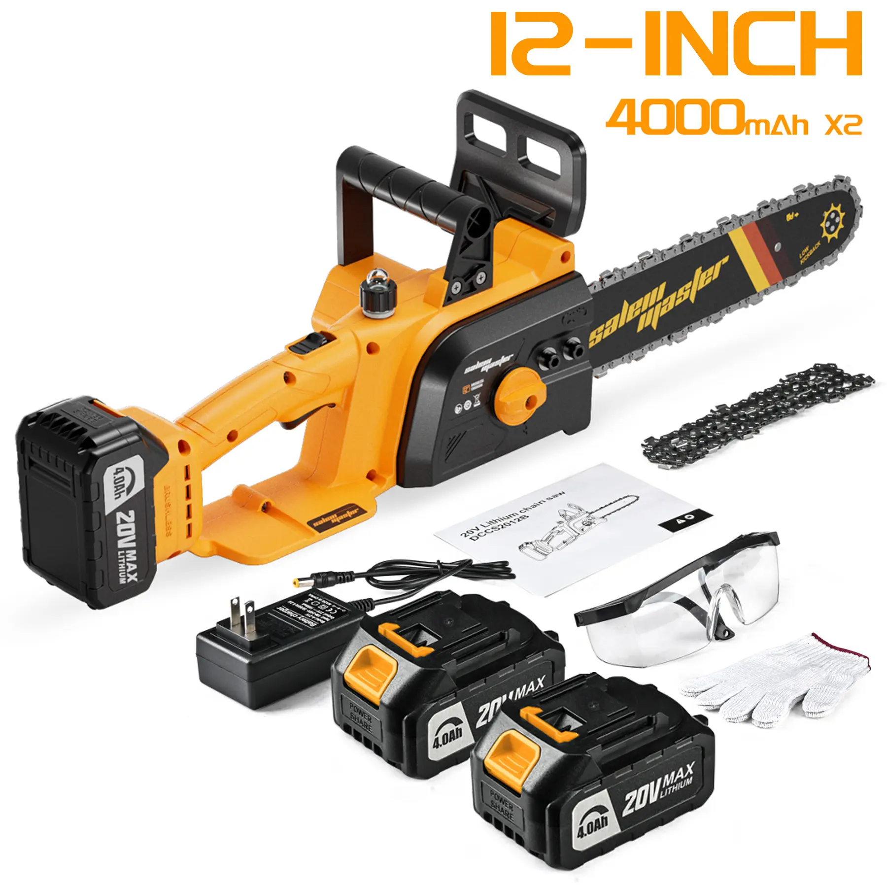12"Brushless Chainsaw, 18.9FT/s Speed，Power By 4.0AH Battery，Auto Lubrication &Tensioning, 7lb lightweight design for pruning branches and cutting firewood