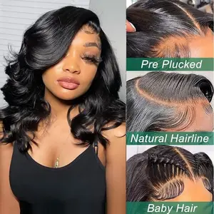 Douyin Bob Wig Human Hair 13x4 Lace Front Wigs Human Hair Pre Plucked Body Wave 180% Density 14 Inch HD Lace Frontal Short Glueless Wigs for Women (14 inch, Natural Black)