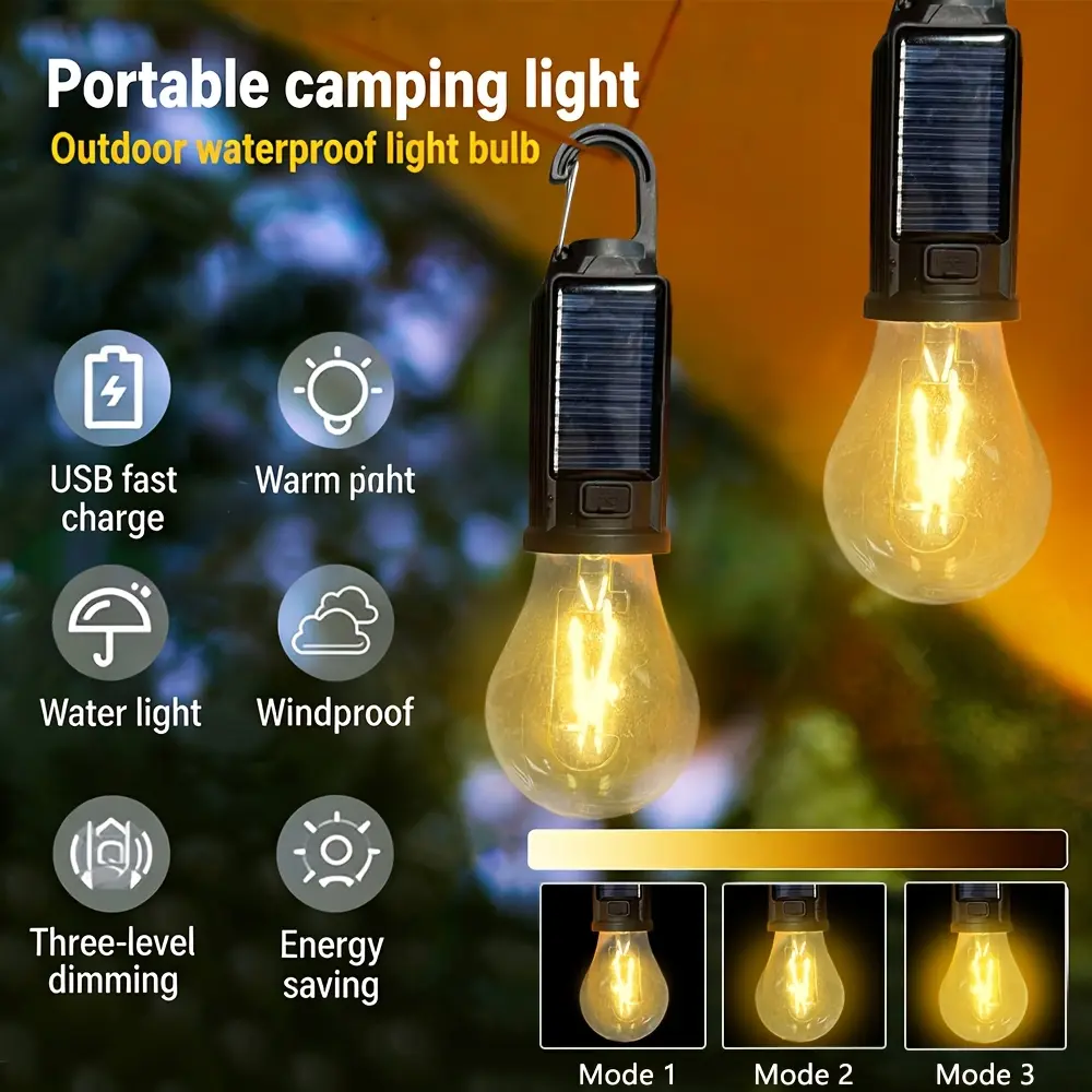 Portable LED solar/USB rechargeable camping  light with tungsten filament bulb and hook design, IP65 waterproof outdoor tent lamp for home patio decor lighting and emergencies, suitable for camping sites and courtyards