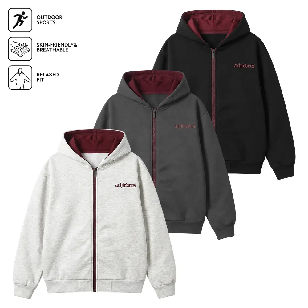 Practical Men Full Zip Hoodie, Breathable Fabric, Relaxed Fit, Adjustable Drawcord Hood, Ribbed Trim, Spacious Side Pockets, Contrast Color Hood Lining, Basic Printed Decoration, Outer Top for Training and Street Casual Use