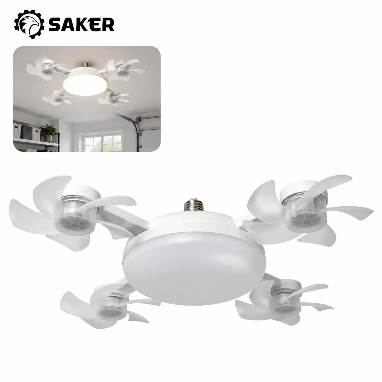 Saker Ceiling Fan Light with remote control , Screw-In No-Drill Mount with Remote Control, 3 Adjustable Light Colors (3000K-6000K), 3 Fan Speeds, Quiet Operation for Bedrooms, Kitchens
