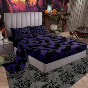 Halloween Themed Bed Sheet Set,Black Bats Animal Print Fitted Sheet + 1 Flat Sheet+ 1 Pillow Sham,Dark Purple Color Bed Mattress Cover