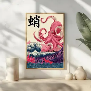 Japanese Octopus Poster, Pink Great Wave Mount Fuji Print, Classic Ukiyo-e Sea Monster Wall Art, Sophisticated Kaiju Decor, Unframed Print Only
