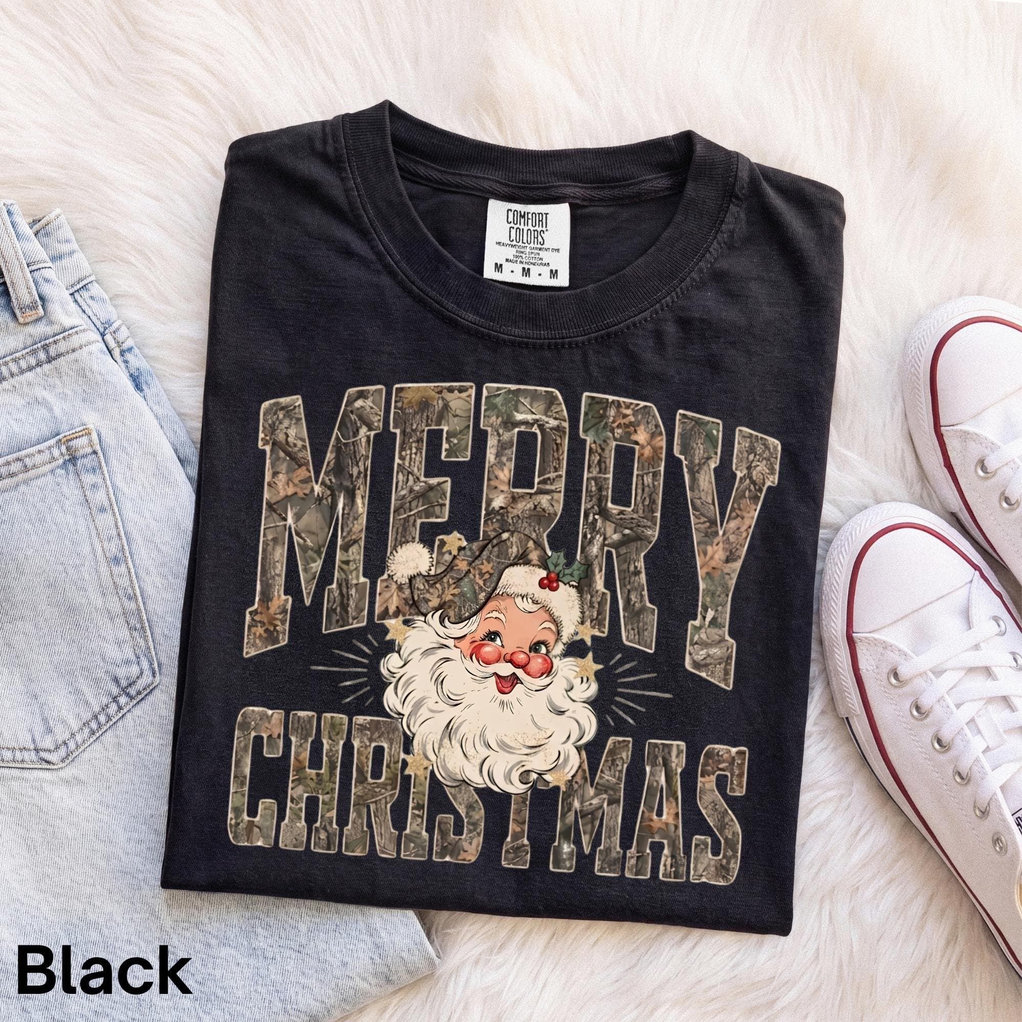Comfort Colors® Distressed Camo Merry Christmas Santa T-Shirt, Vintage Holiday Shirt, Rustic Country Shirt, Hunting Christmas Shirt