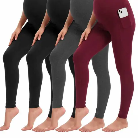 Women's 4-Pieces Buttery Soft High Waisted Maternity Yoga Pants with Side Pockets - 4-Way Flex Move, Breathable Blend Maternity Apparel, Pregnancy Activewear for Yoga, Workout