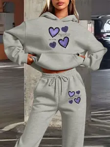 Women's Hooded Sweatshirt Set, Fall & Winter Casual Fitted Design, Heart Pattern, Sweet Style for Daily