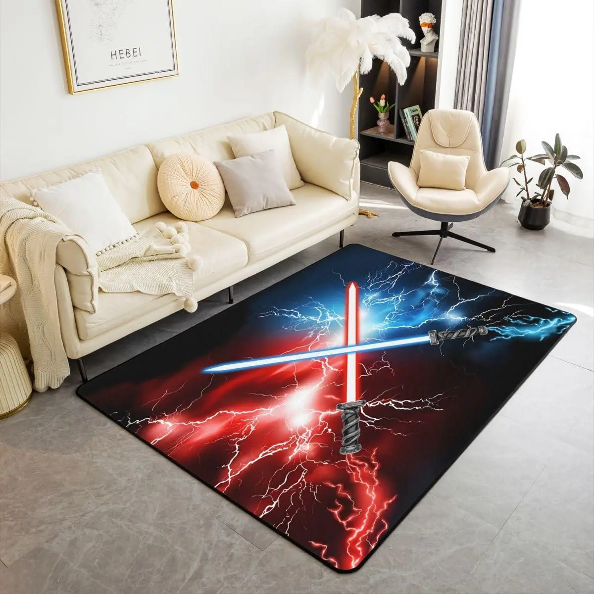 Lightsaber Area Rug Kids Red Blue Decorative Carpet Set for Boys Teens Lightsaber Grommet Living Room Rugs Future Technology Indoor Floor Mat Room Decor