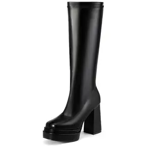 IDIFU Women's Square Toe Knee-High Boots, Soft Comfort Mid-calf Chunky Heels, Winter Footwear, Outdoor Walking Shoes Girl