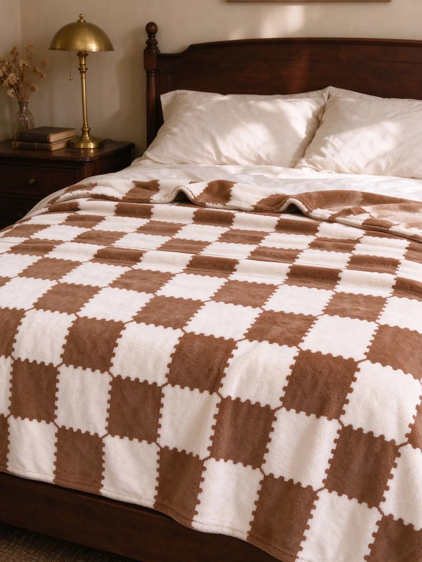 Cozy Checkered Blanket - Brown and White Pattern for Bedroom Comfort