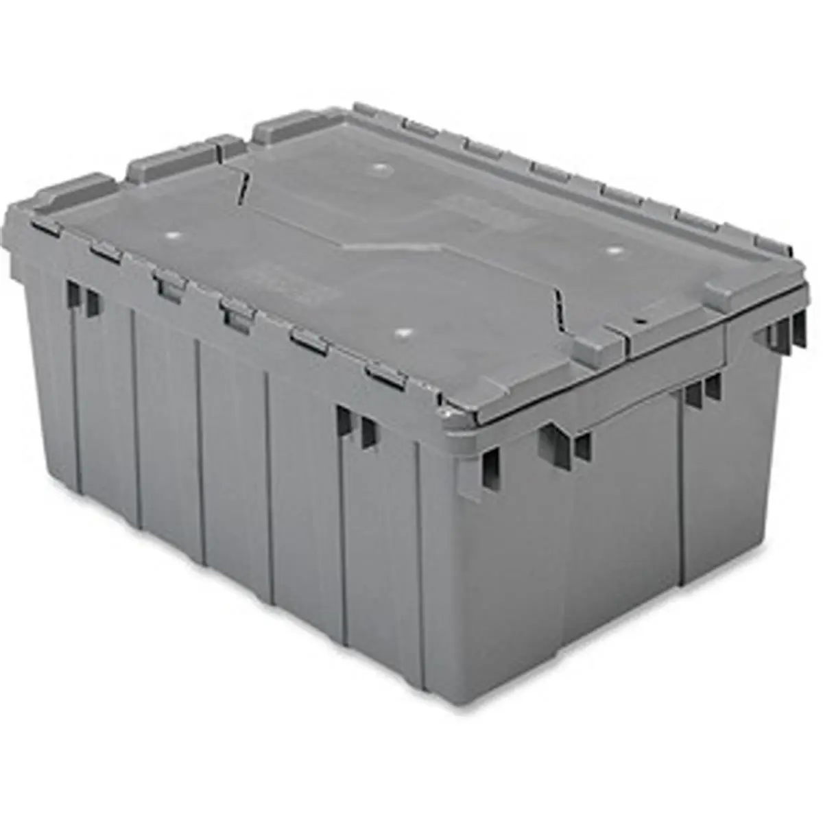 212 MAIN 8.5gal Plastic Lidded Box, Attached-Lid Stacking Bin, Grey Storage Container with Steel Pad