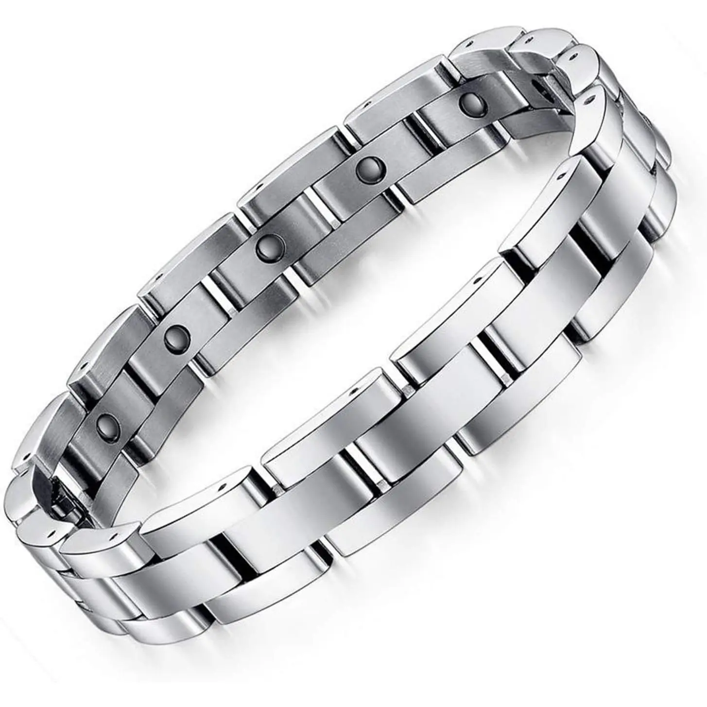 Silver-Tone Stainless Steel & Titanium Bracelet for Men with Magnetic Fit - Wearable Men's Accessories for Stacking, Includes Size Adjuster, Product, Gift