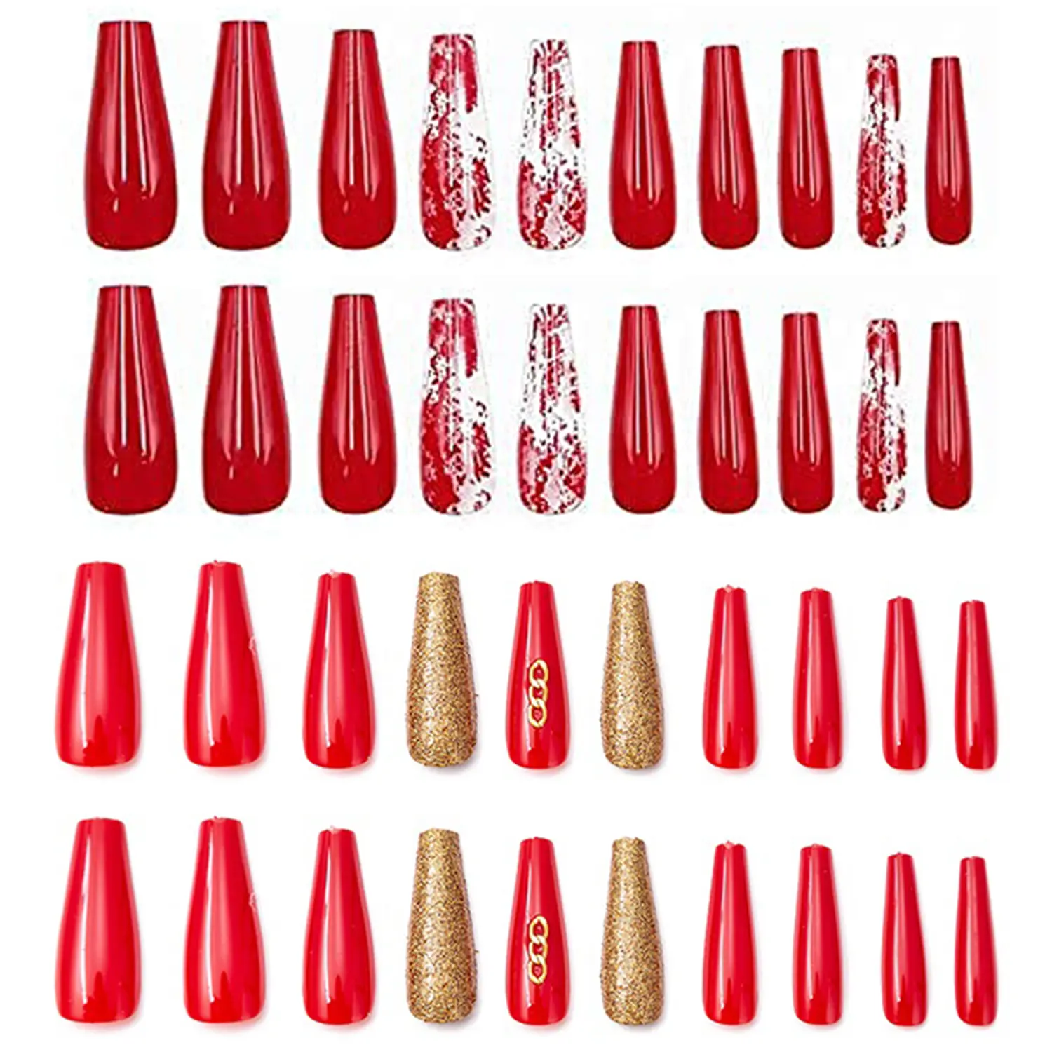 Allkem Burnt Red and Red Gold Extra Long Ballerina Press on Nails | Glossy Extra Long Coffin| 10 sizes - 20 pcs Nail kit with Glue