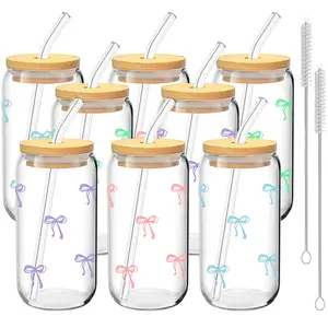 4/8 Pack Bow Pattern Glass Cups with Lids and Straws, 16oz Reusable Iced Coffee Cups, Glass Tumblers, Reusable Water Bottles