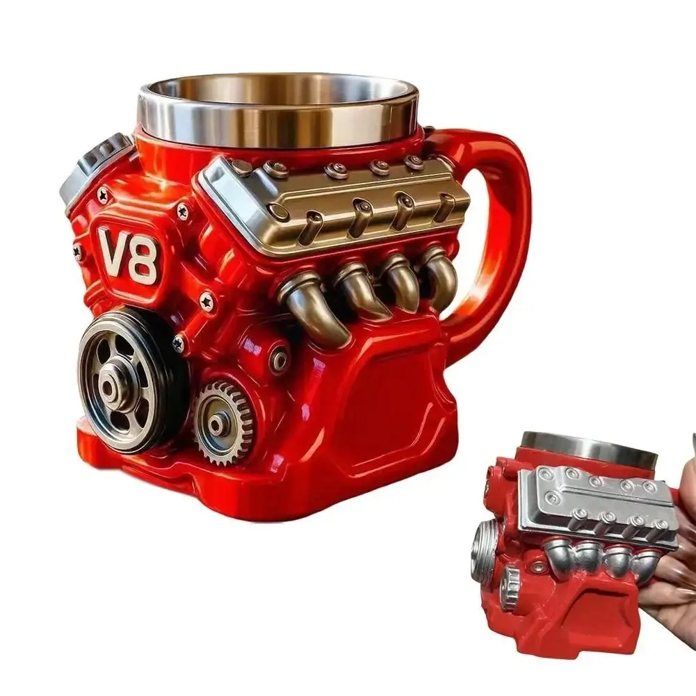 V8 Engine Coffee Mug Stainless Steel 3D Car Engine Cup Retro Mechanical Mug Automotive Lover Gift Novelty Drinkware Birthday Gift for Men Diy Gift, Reusable, Washable