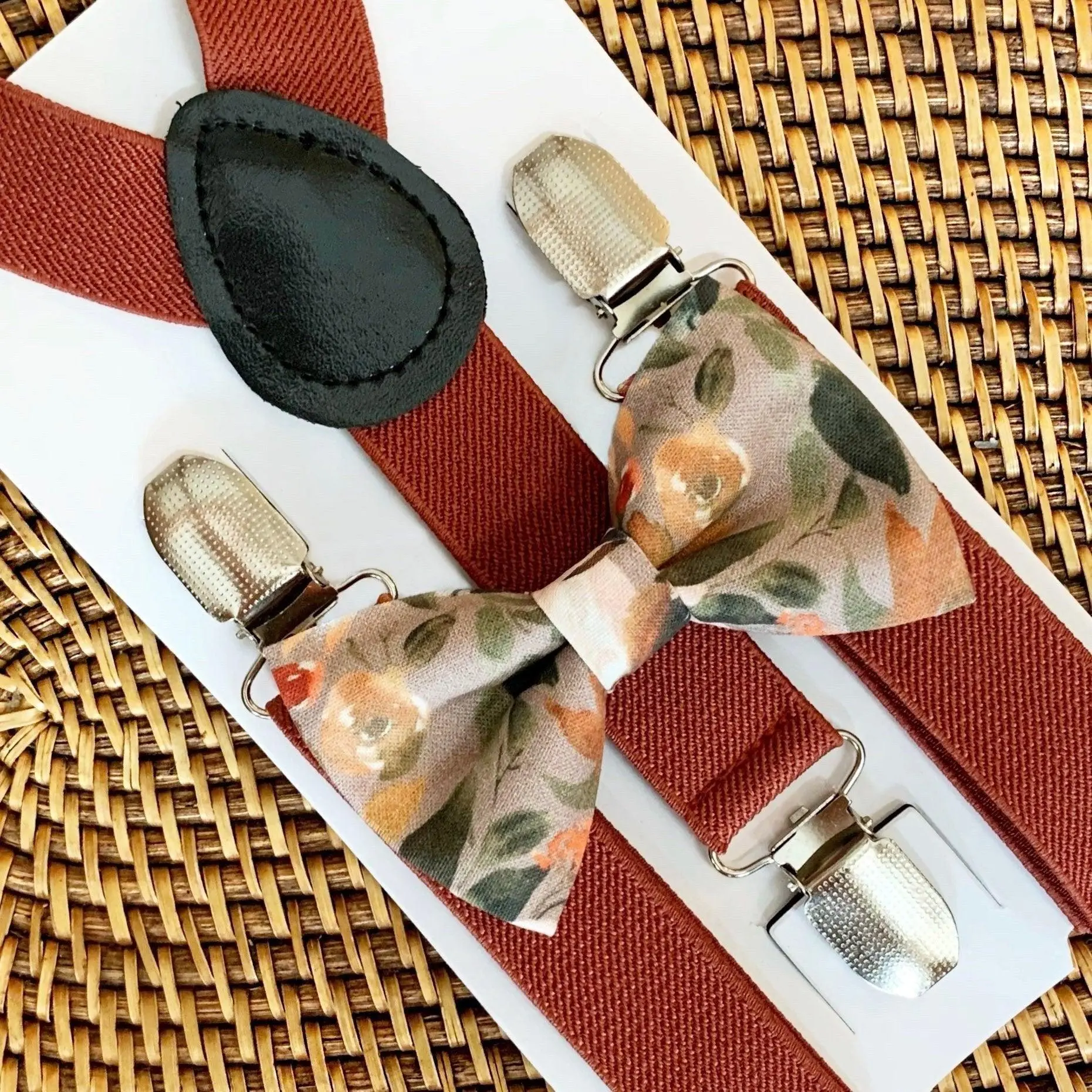 Taupe Bow Tie & Terracotta Suspenders Set- Autumn Floral